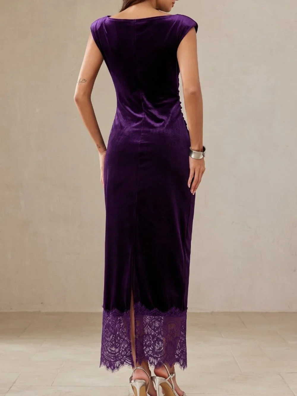 Bold Plum Elegant Women's Contrast Lace Fitted Pencil Dress